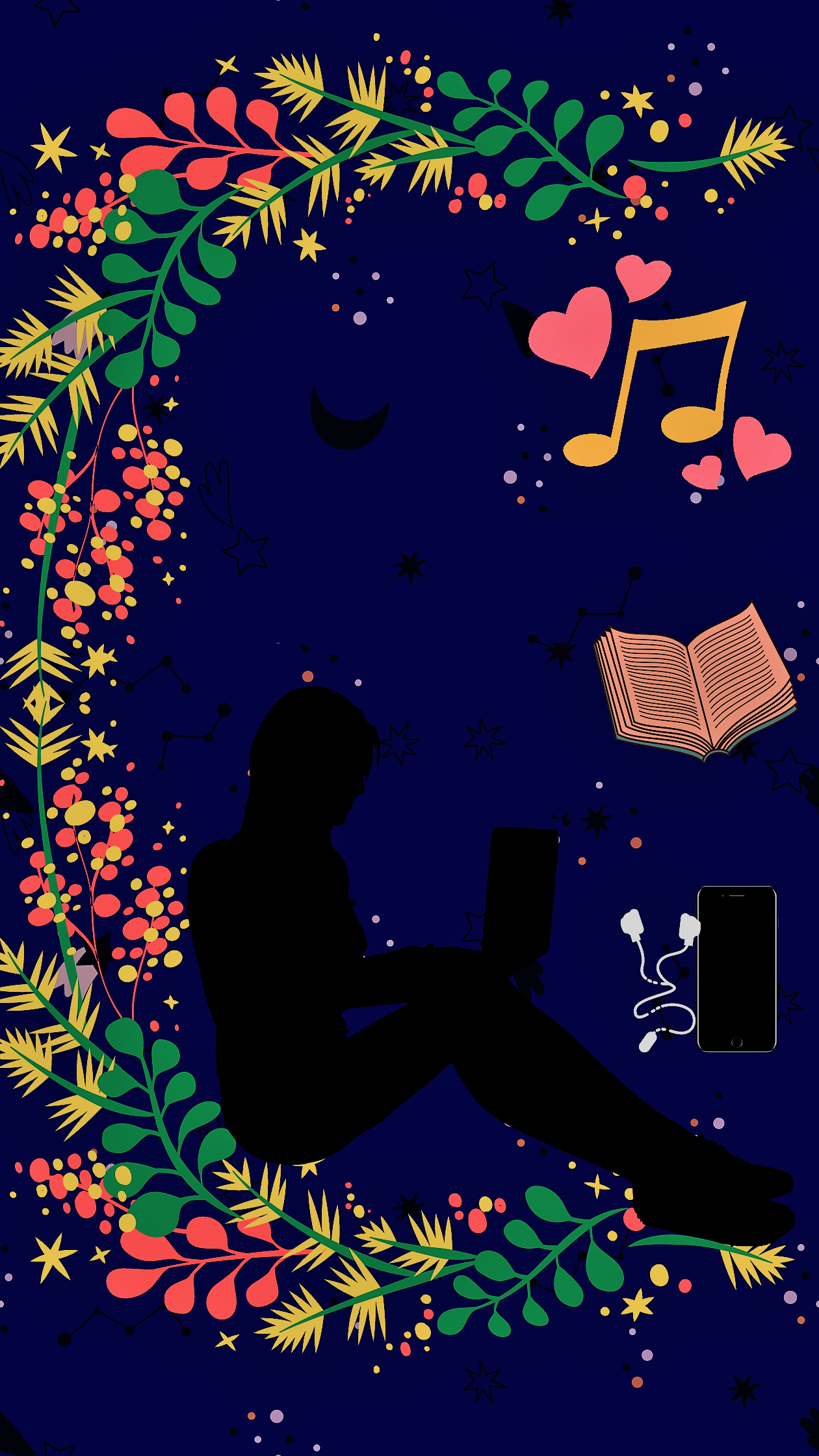 Black silhouette of a female is sitting with knees drawn up and a laptop balanced on her knees, framed against a navy blue background and surrounded by flower wreaths and other images. This image depicts the central theme of the blog, that is, lazy times and wondering.